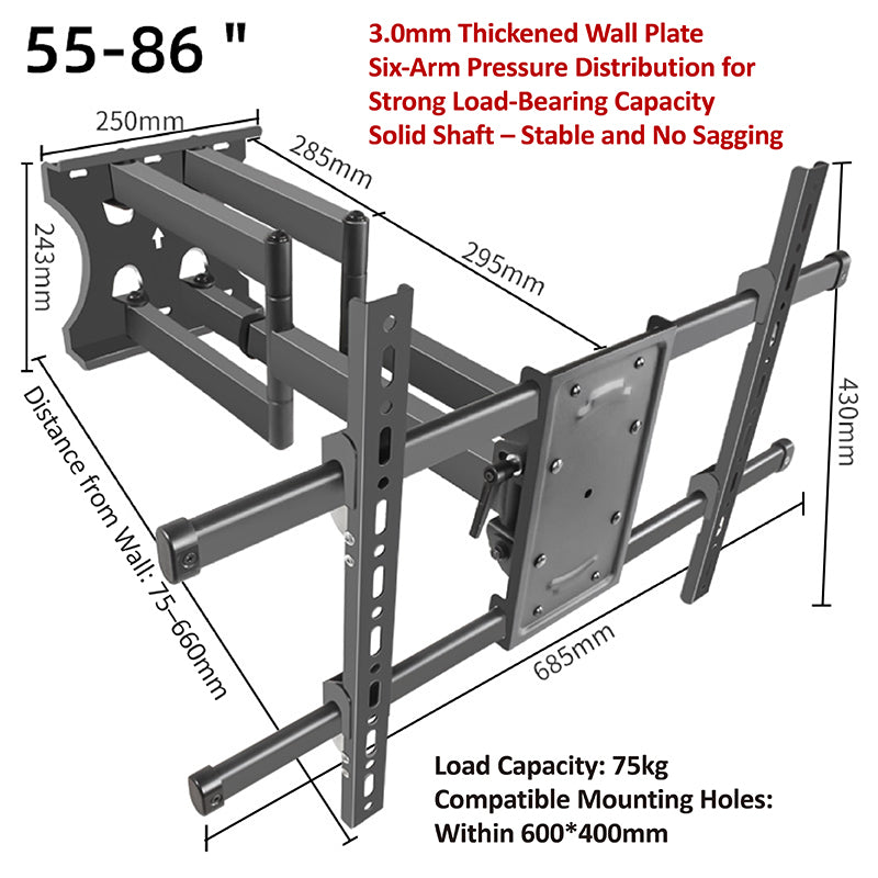 DY808s Heavy-Duty Swing-Arm TV & Monitor Mount (55–86″, VESA 600×400)