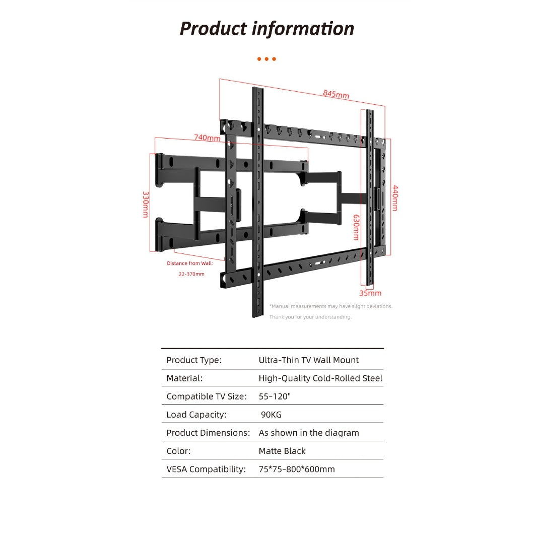 DY820L Universal Full‑Motion TV Wall Mount (55–120″)