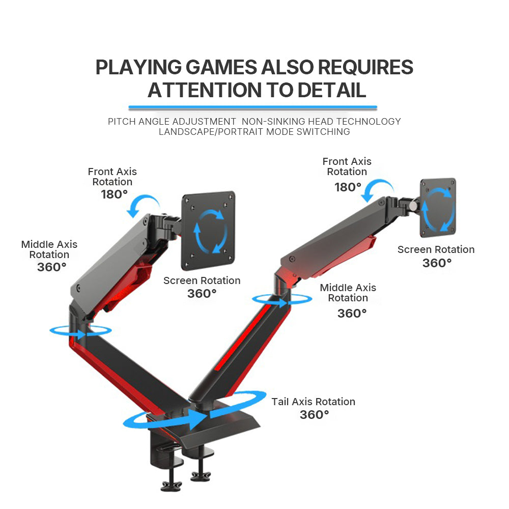 GE44 Dual Monitor Gaming Dazzle Arm with RGB (15"–32")