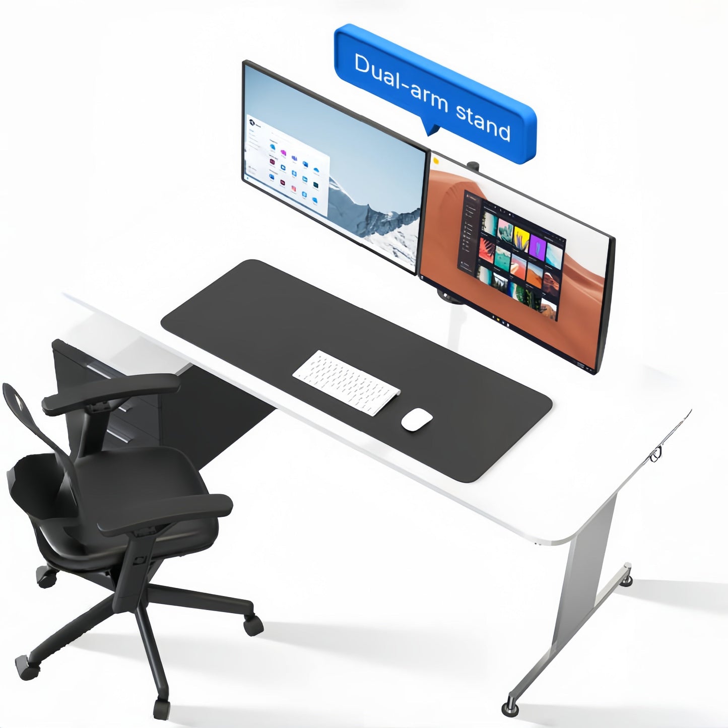 Modern office setup with a desk, chair, and dual-monitor setup on a white background