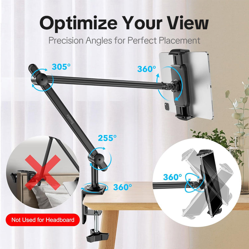 Swelix TP01 Adjustable Tablet Stand for Desk & Bed – Aluminum iPad Holder Arm with 360° Rotating Clamp, Fits 4.7"–13.5" Tablets & Phones