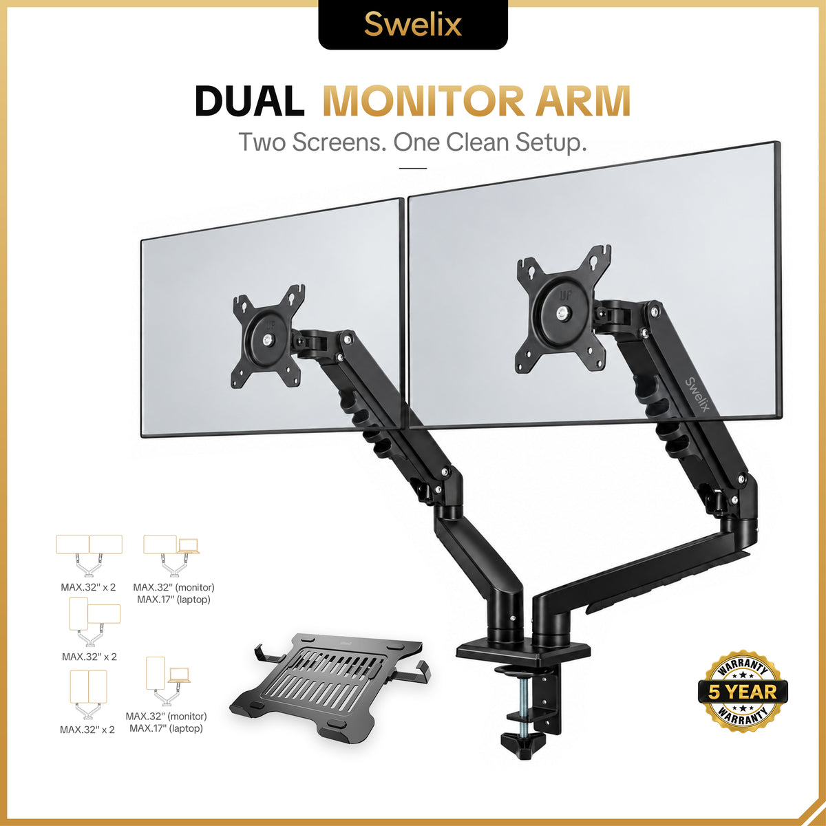 DA106-LH03 Premium Dual Monitor Arm with Laptop Tray for 15"–32" Monitors