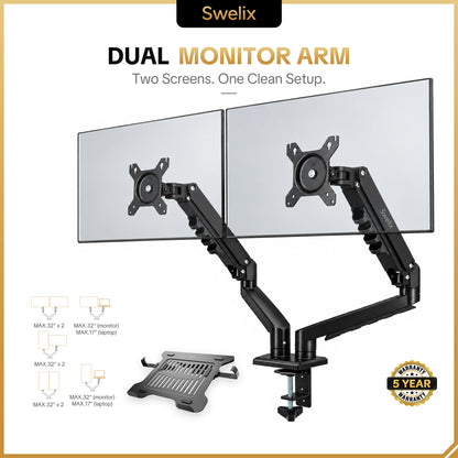 DA106-LH03 Premium Dual Monitor Arm with Laptop Tray for 15"–32" Monitors