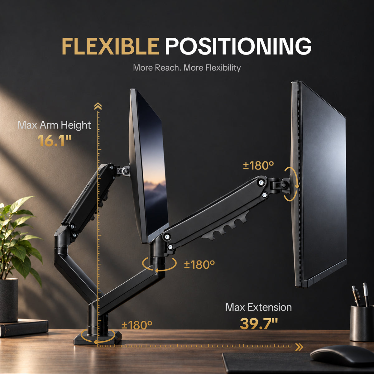 DA106-LH03 Premium Dual Monitor Arm with Laptop Tray for 15"–32" Monitors