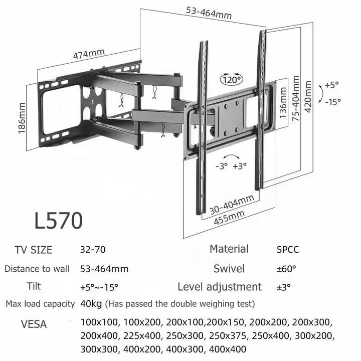 L570 Full-Motion TV Wall Mount for 32″–70″ TV Screen