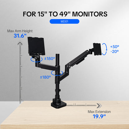 MD01 Premium Dual Monitor Arm for 15"-49" Monitors | 20kg per Arm