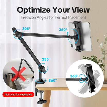 Swelix TP01 Adjustable Tablet Stand for Desk & Bed – Aluminum iPad Holder Arm with 360° Rotating Clamp, Fits 4.7"–13.5" Tablets & Phones