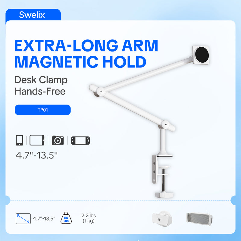 Swelix TP01 Adjustable Tablet Stand for Desk & Bed – Aluminum iPad Holder Arm with 360° Rotating Clamp, Fits 4.7"–13.5" Tablets & Phones