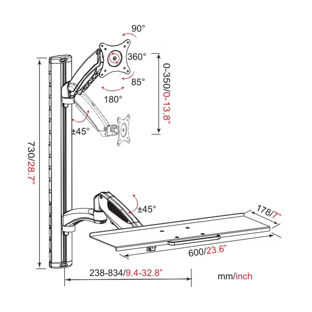 WS02 Adjustable Height Wall‑Mount Sit‑Stand Workstation with Mobile Tray