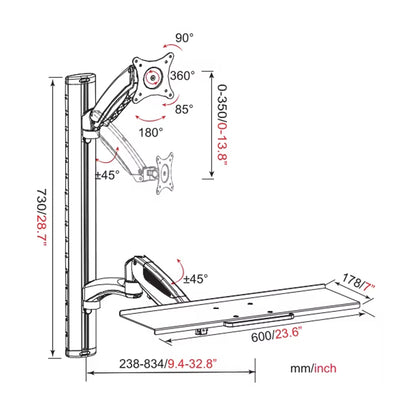 WS02 Adjustable Height Wall‑Mount Sit‑Stand Workstation with Mobile Tray
