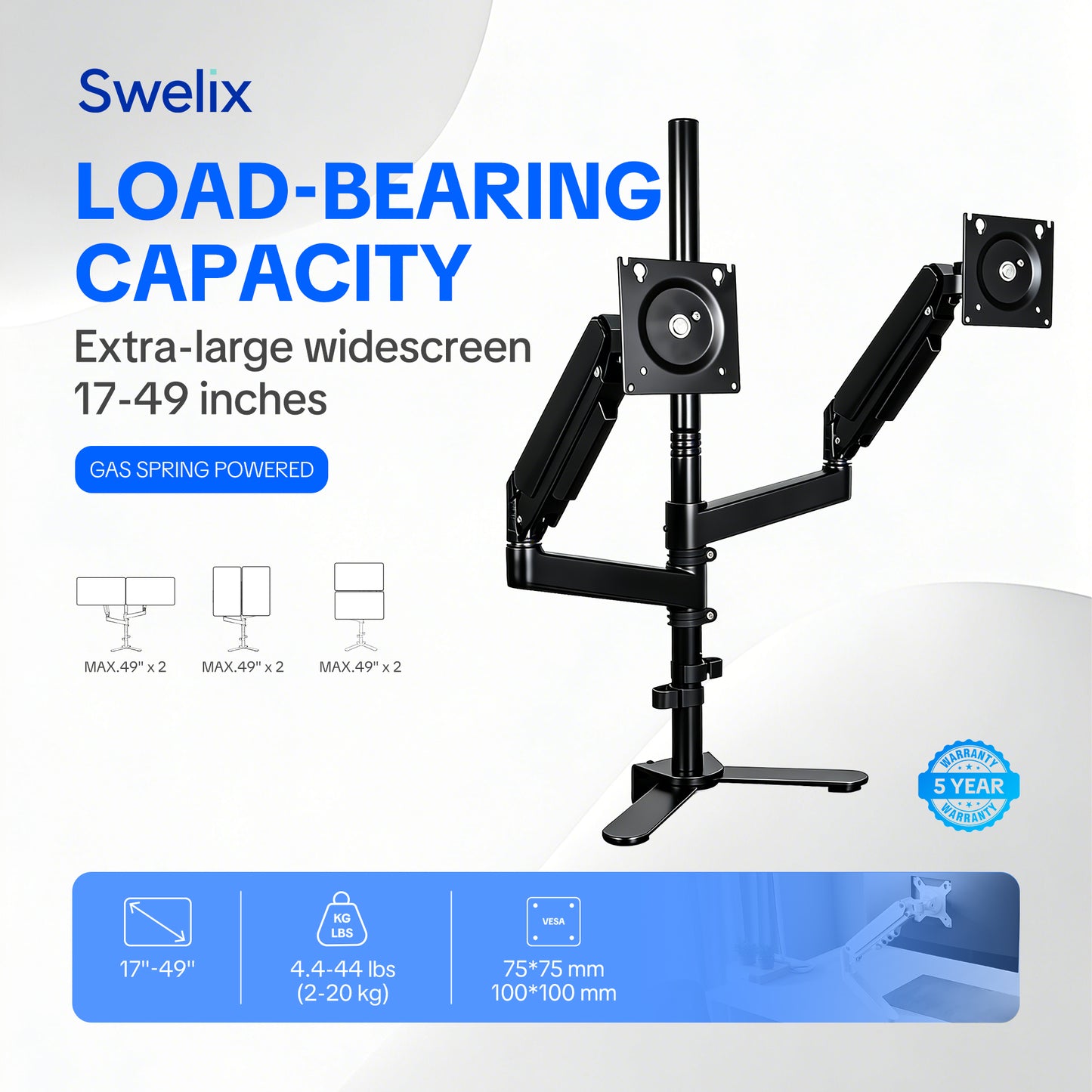 XP01 Dual Monitor Arm – Gas Spring Adjustable Mount for 17–49” Ultrawide Screens, 20kg Capacity